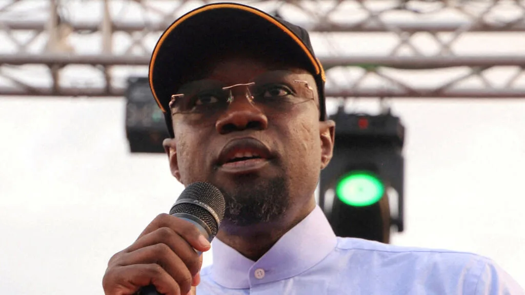 Senegal's Prime Minister Ousmane Sonko speaking at a press conference