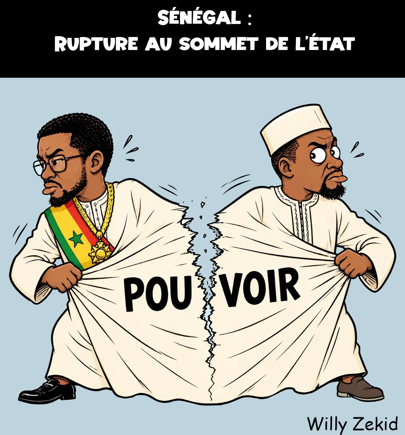 A satirical illustration depicting Ousmane Sonko and Bassirou Diomaye Faye tearing apart a garment labeled 'pouvoir' (power), symbolizing their political rupture.
