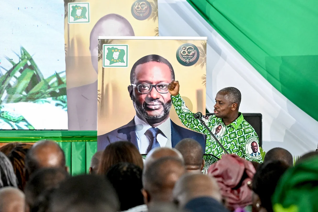 Calice Yapo Yapo, the PDCI's executive secretary, during the party's 80th anniversary celebrations on April 9, 2026, in Abidjan. © Issouf SANOGO/AFP