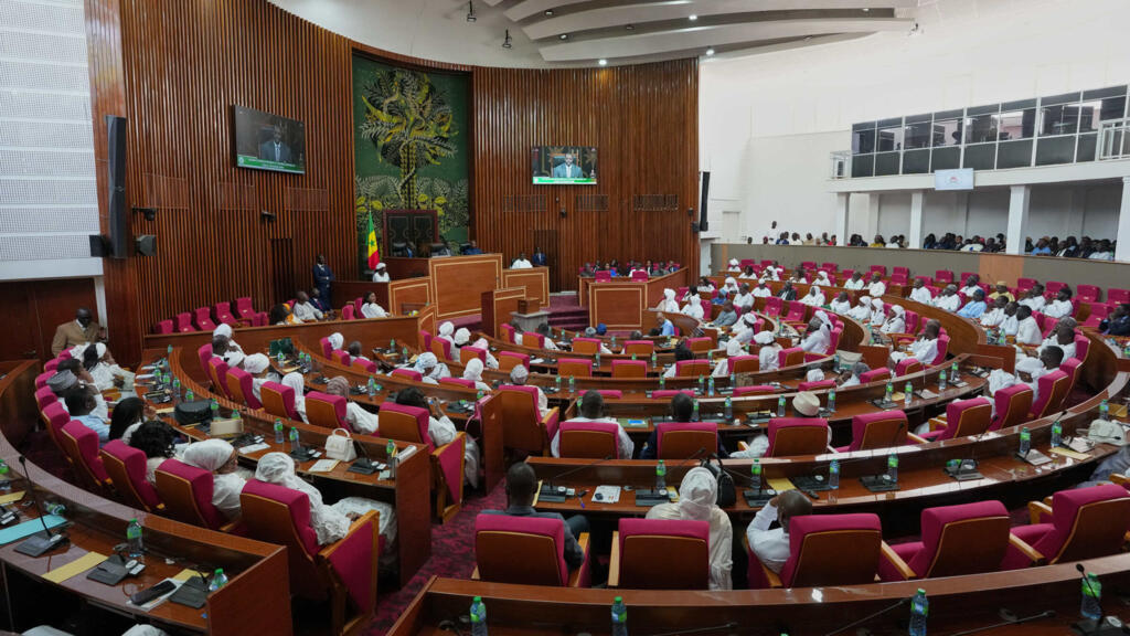 A wide shot of the National Assembly in Dakar on Tuesday, May 26, 2026, during the election of Ousmane Sonko as President of the National Assembly, following his earlier removal from the Prime Minister's post by President Bassirou Diomaye Faye.