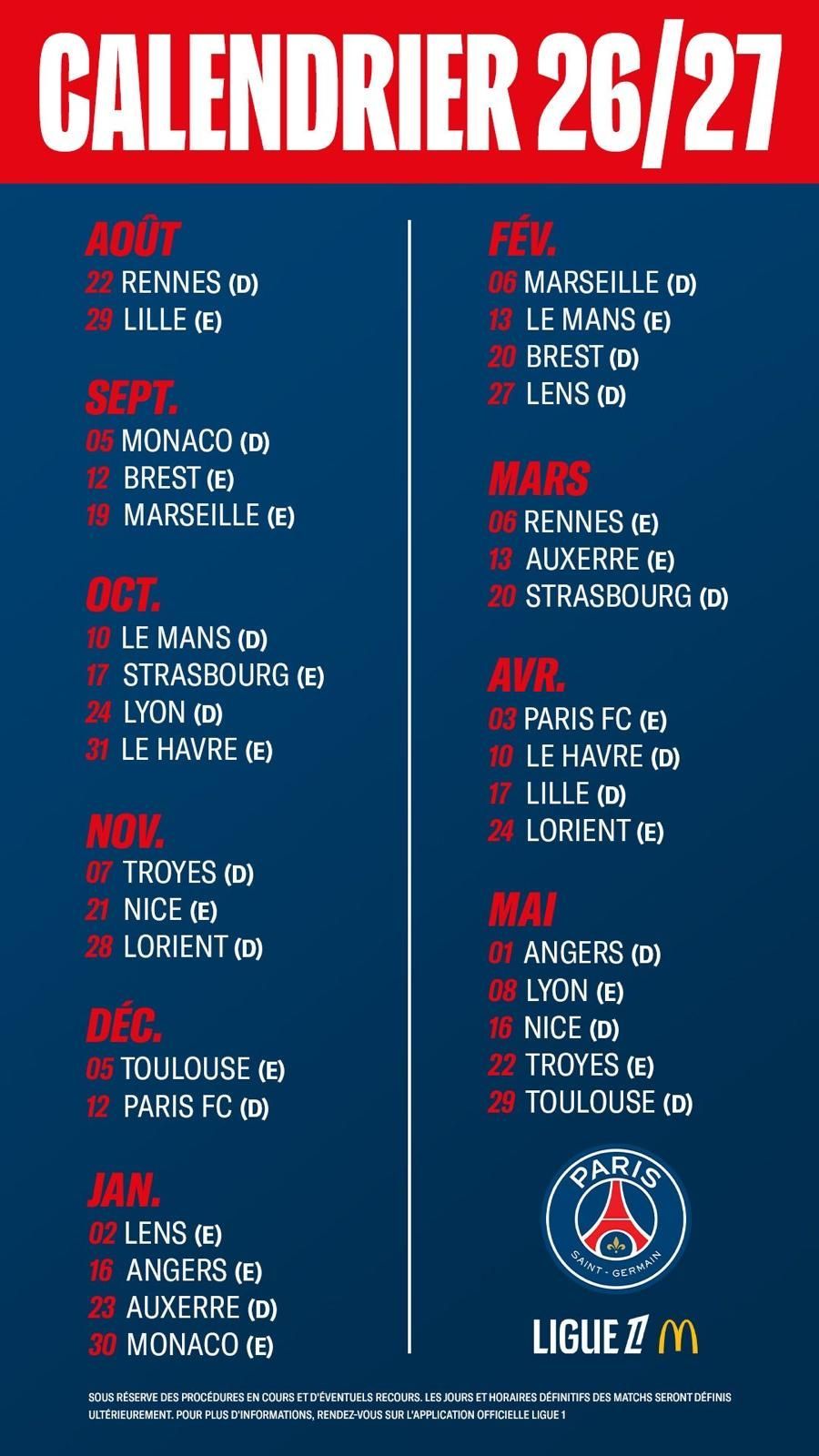 Full PSG 2026-2027 Ligue 1 fixture list