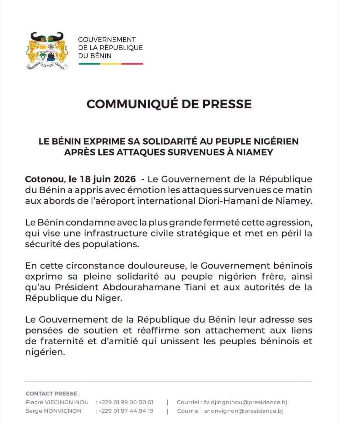 Official statement from Bénin expressing solidarity with Niger