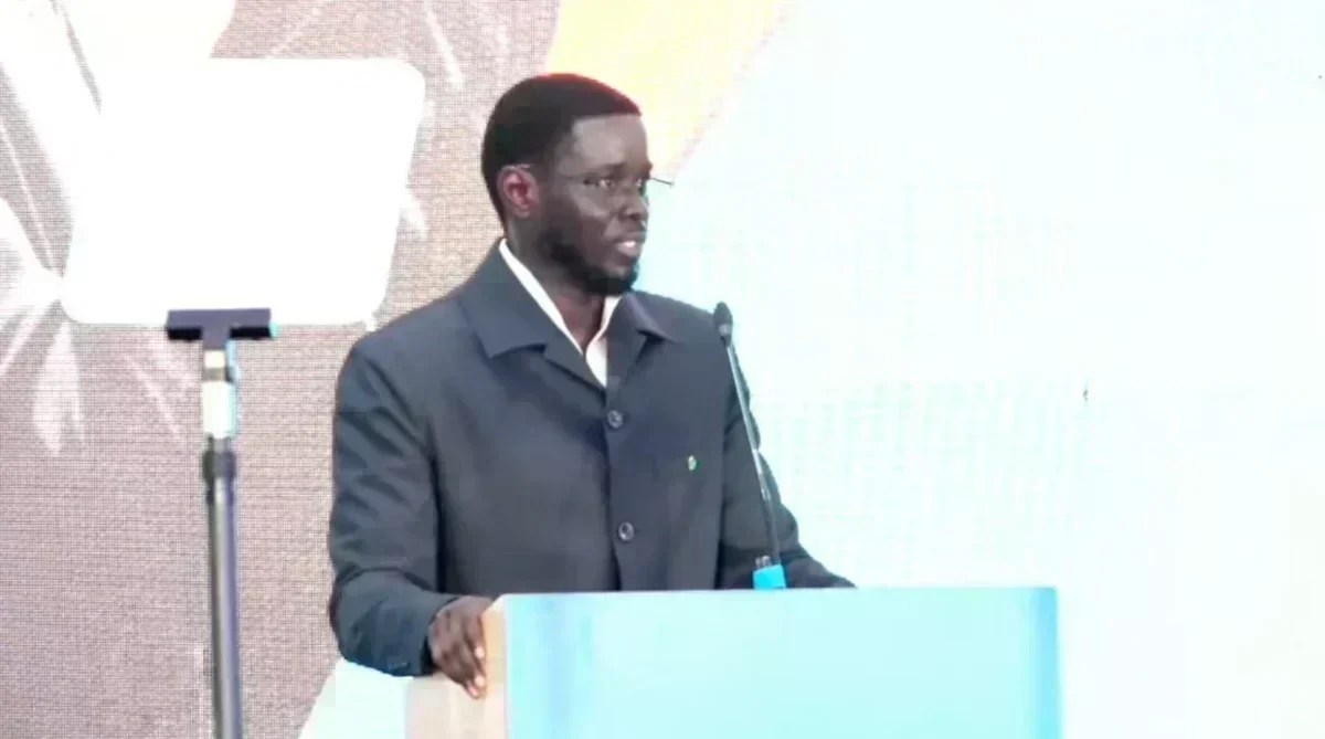 President Bassirou Diomaye Faye delivers a speech at a political gathering