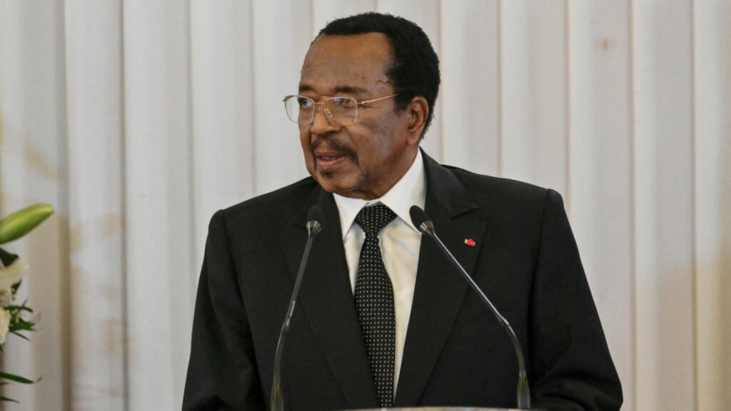 President Paul Biya of Cameroon delivering a speech alongside Pope Leo XIV (off-camera) at the presidential palace in Yaoundé, during the third day of an 11-day apostolic visit to Africa, April 15, 2026.