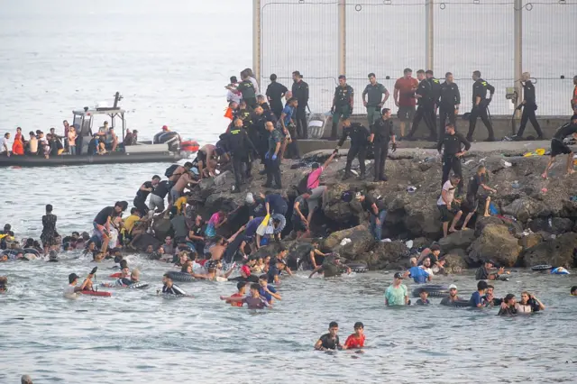 People crossing the border into Ceuta