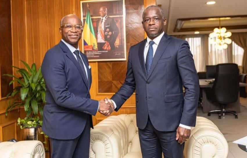 Gabon's Vice-President Hermann Immongault (right) and Monaco's delegation representative during green diplomacy talks