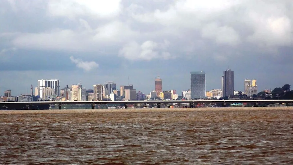 Aerial view of Abidjan's Plateau district and Ebrié Lagoon